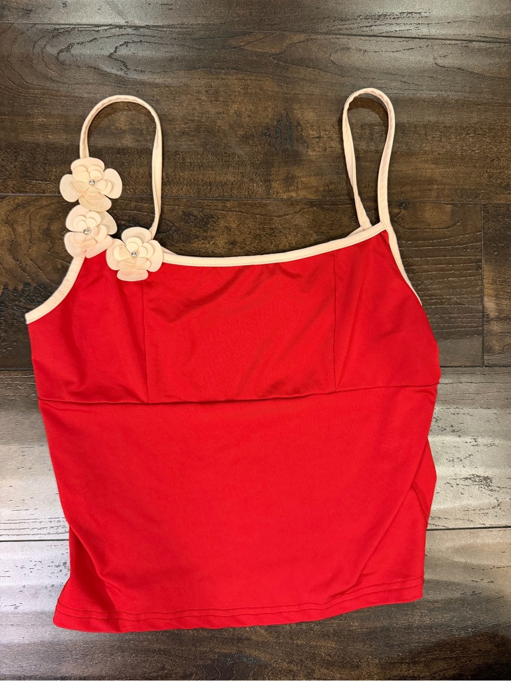Red Flower-Accent Tank Top with Cream Trim